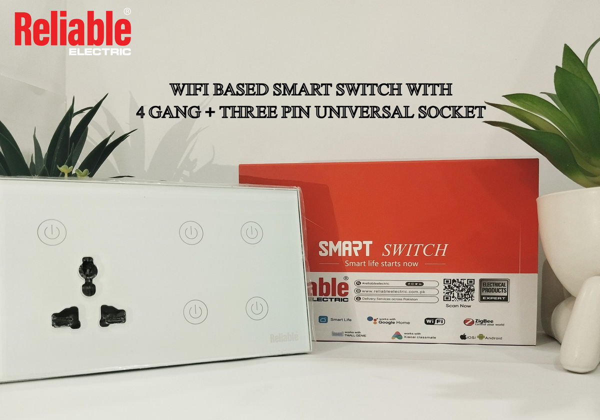 4 Gang + 3 Pin Universal Socket Wifi Based, Smart Wall Switch, Wireless Digital Modern Remote Control, Work With Google Home, Tuya, Smart Life, Alexa, Wifi, Bluetooth, ZigBee, TMALL Genie, Xiaoai Classmate, ISO/Android