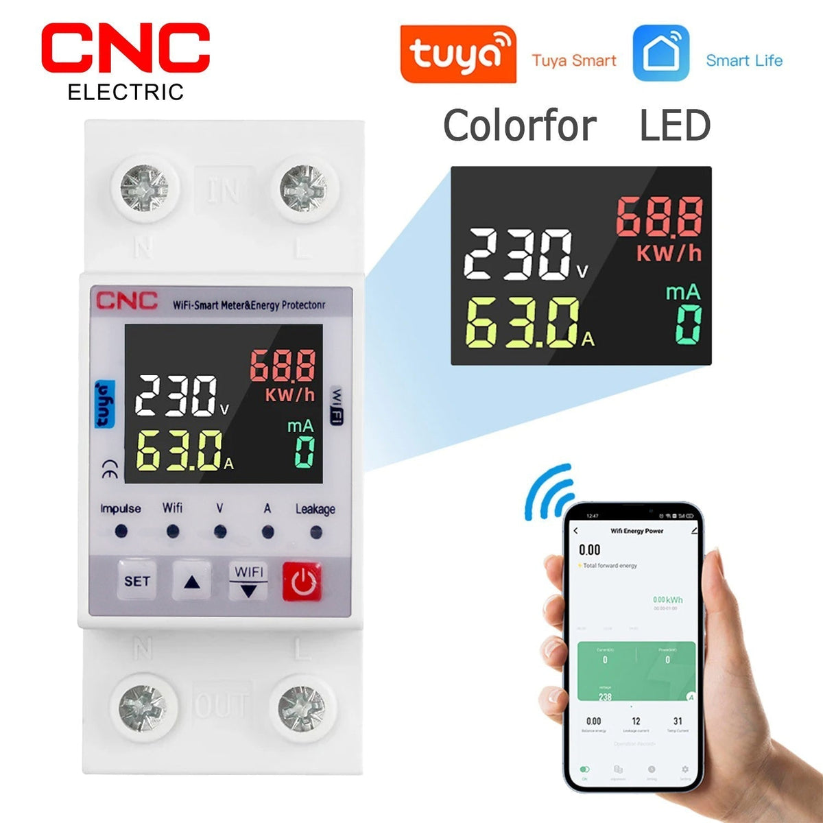 CNC YC7VA-WIFI KWH 63A WIFI Protector With Voltage Current and Leakage protection Mini 10in1